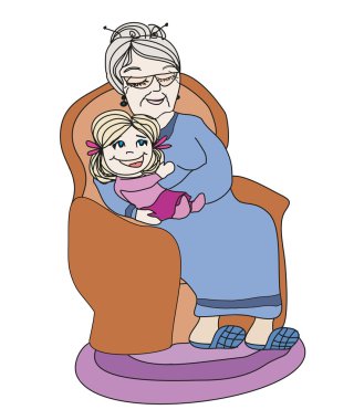 Büyükannem torununa sarılıyor. El çizimi bir resim.