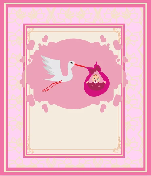 Baby girl Card - A stork delivering a cute baby girl. — Stock Vector