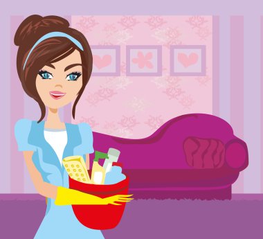 Housewife cleaning at home clipart