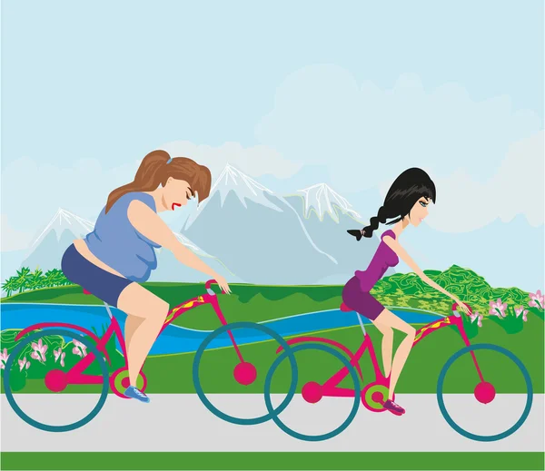 Nadváha žena a její štíhlý přítel na kole — Stockový vektor