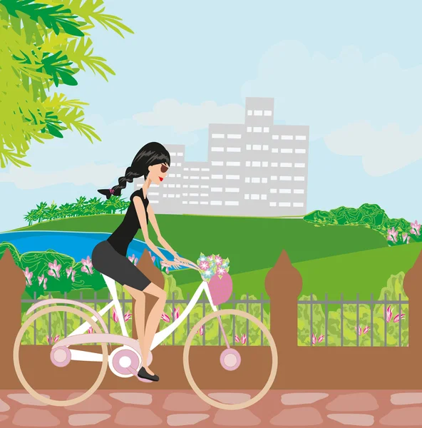 Chica joven con bicicleta — Vector de stock