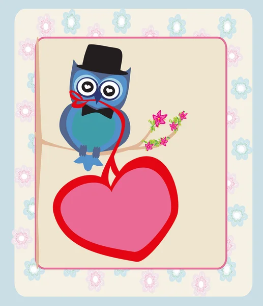Niedliche Eule sitzt auf dem Ast. Valentinstag-Postkarte — Stockvektor