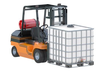 Palet üzerinde beyaz su tankı ile Forklift kamyon