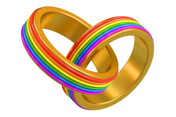 Same-sex marriages concept with rainbow rings — 图库照片