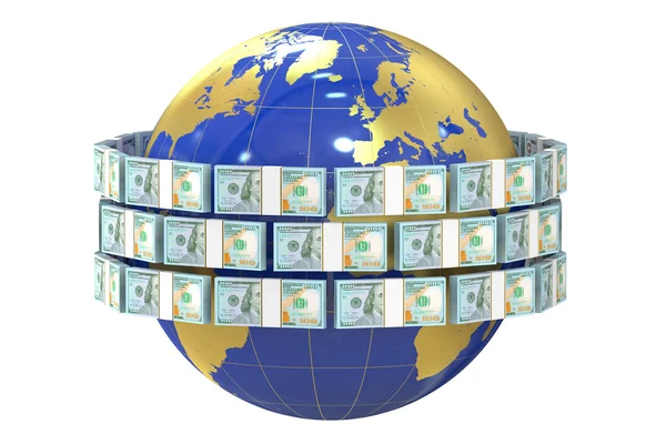 Globální koncept úhrad, dolary po celém světě — Stock fotografie