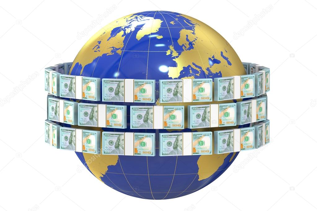 Global remittance concept, dollars around the world