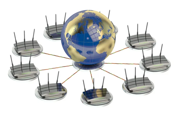 Concetto di networking computing con globo e router — Foto Stock