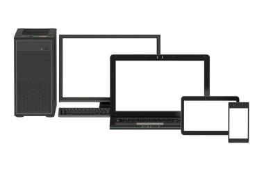 Modern bilgisayar, dizüstü bilgisayar, tablet ve beyaz ekran ile smartphone