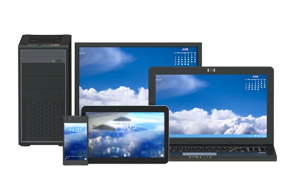 现代计算机、 笔记本电脑、 平板电脑和智能手机 — 图库照片