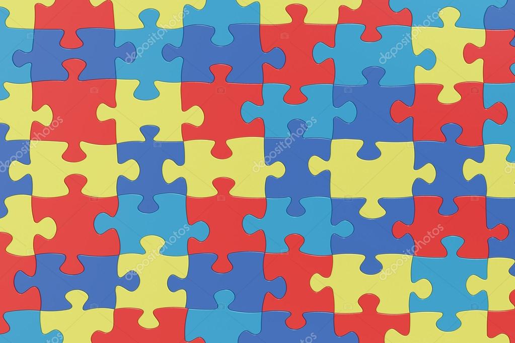 Puzzle Pieces in Autism Awareness Colors Background, 3D renderin Stock