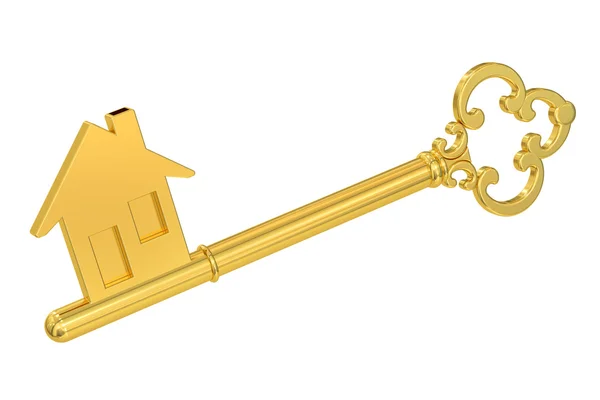 Chiave di casa dorata con silhouette della casa, rendering 3D — Foto Stock