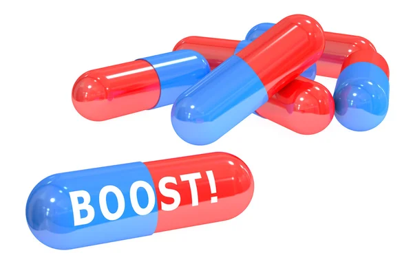 ¡Impulso! concepto de pastillas con pastillas, representación 3D — Foto de Stock