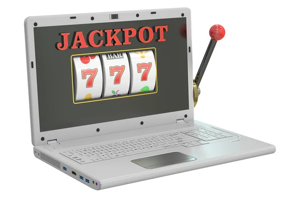 Online-Glücksspiel-Konzept mit Laptop-Spielautomat. 3D-Darstellung — Stockfoto