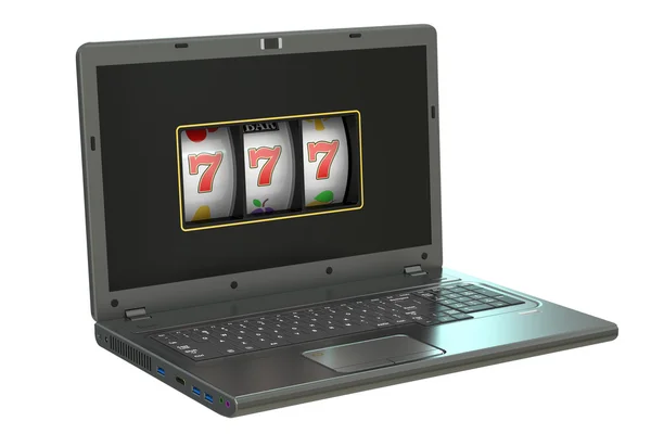 Online-Glücksspiel 3D-Konzept - Spielautomat im Laptop, 3d rend — Stockfoto