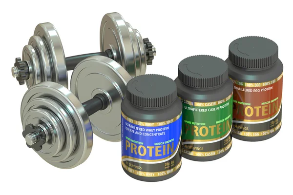 Dumbbells and jars of protein, 3D rendering — Stock Photo, Image