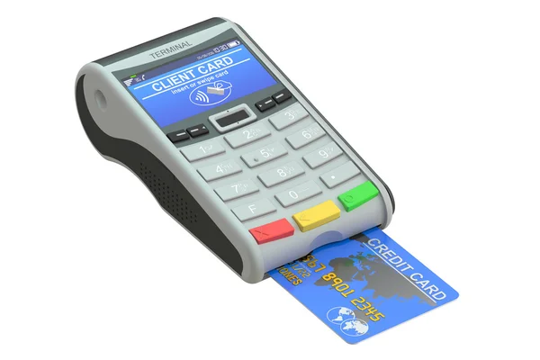 Terminale POS e carta di credito, rendering 3D — Foto Stock