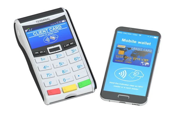 Terminal POS con smartphone, concepto NFC. Renderizado 3D — Foto de Stock