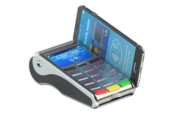 Terminal POS con smartphone, concepto NFC. Renderizado 3D —  Fotos de Stock