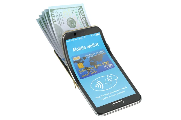 Деньги в мобильный телефон, концепция NFC. 3D рендеринг — стоковое фото