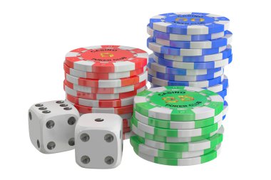 casino chips and dice, 3D rendering clipart