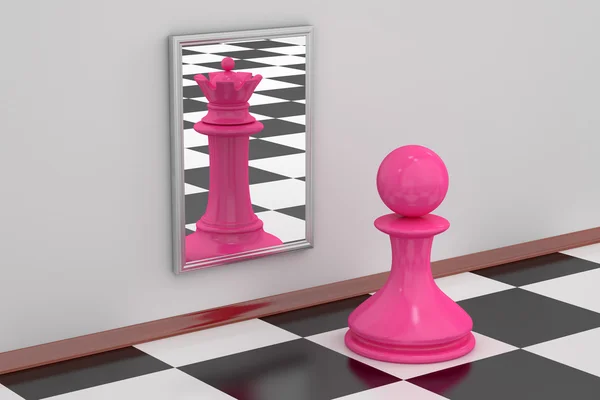 Peón mirando en el espejo viendo reina en la reflexión, 3D render —  Fotos de Stock