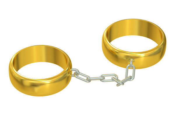 Свадебные золотые кольца соединенные цепь, 3D рендеринг
