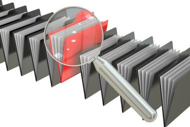 Dosya arama kavramı: klasörler ve Büyüteç camı, 3d render