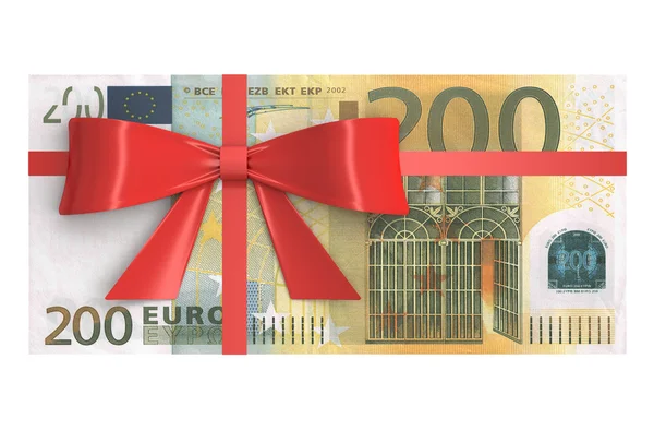 沓着红色蝴蝶结，礼物概念的 200 欧元钞票。3d renderi — 图库照片