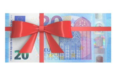 20 Euro banknot kırmızı yay, Hediyelik konsepti ile tomar. 3D renderin