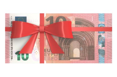 Kırmızı yay, Hediyelik konsepti ile 10 Euro banknot sürüsü. 3D renderi