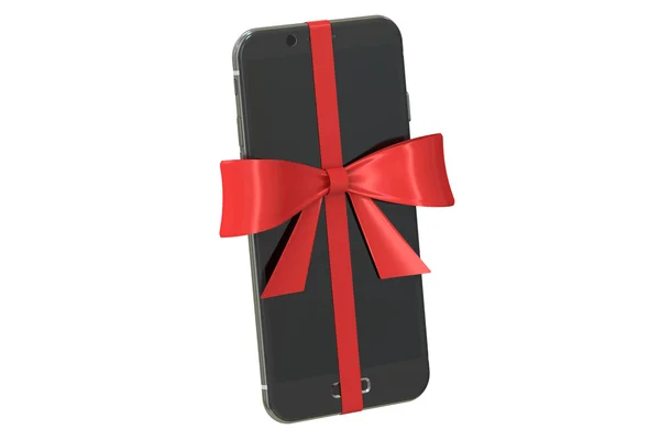 Smartphone moderno con lazo y cinta, concepto de regalo. Renderina 3D — Foto de Stock