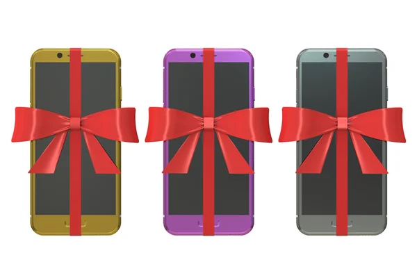 Set of modern smartphones with bows and ribbons, gift concept. 3 — Stock Photo, Image