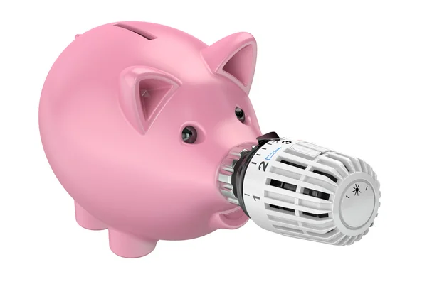 Concepto de ahorro de energía, alcancía con radiador termostático val —  Fotos de Stock