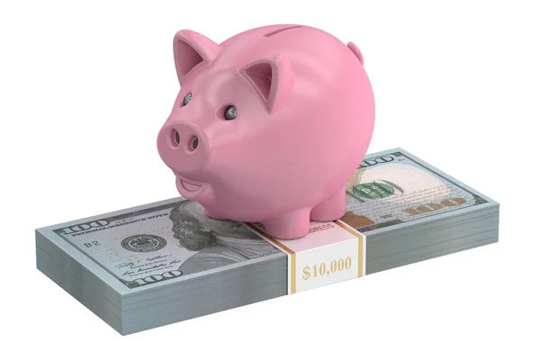 Sparschwein und Dollarpaket, 3D-Rendering — Stockfoto