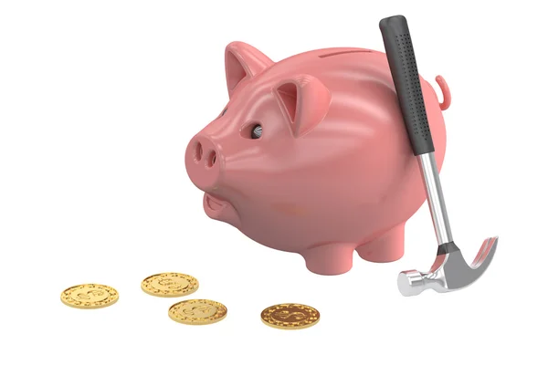 Piggy bank and hammer, 3D rendering — Stock Photo, Image