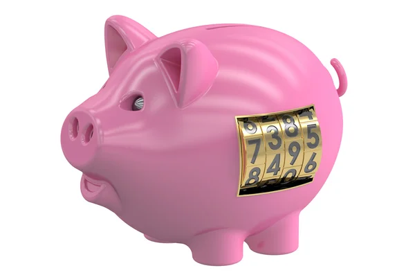 Banco porquinho com bloqueio seguro, renderização 3D — Fotografia de Stock