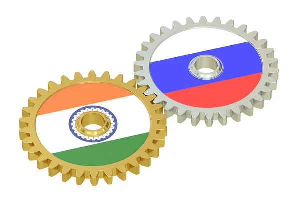 Bandeiras da Rússia e da Índia nas engrenagens, renderização 3D — Fotografia de Stock