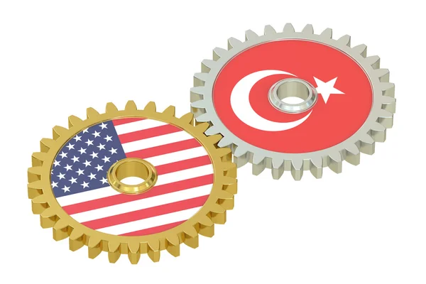 Banderas de EE.UU. y Turquía en un engranaje, representación 3D — Foto de Stock