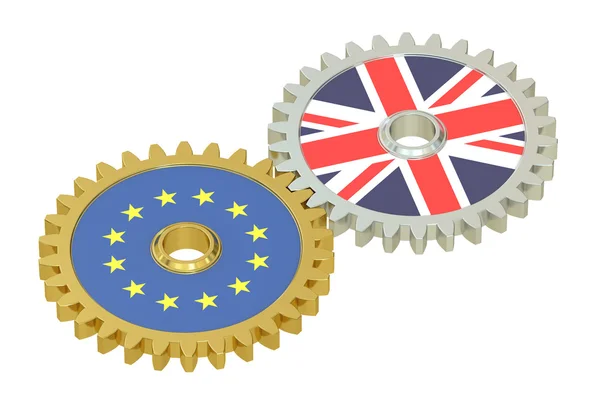 Drapeaux de l'UE et de la Grande-Bretagne sur un engrenage, rendu 3D — Photo