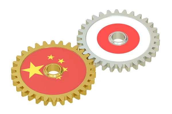 Chinese en Japanse leeuwenvlaggetjes op een gears, 3D-rendering — Stockfoto