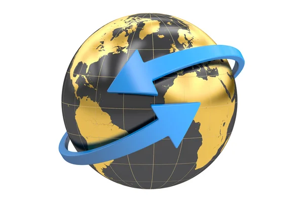 Obchodní logotyp, zeměkoule s šipkami. 3D vykreslování — Stock fotografie