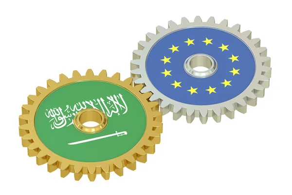 L'Arabie Saoudite et les drapeaux de l'UE sur un engrenage, rendu 3D — Photo