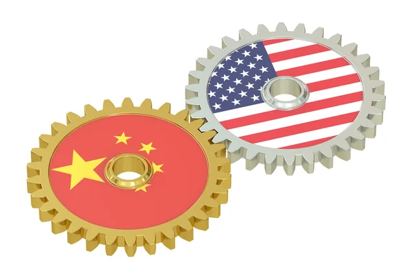 China y Estados Unidos concepto de relaciones, banderas en un engranaje. 3D —  Fotos de Stock