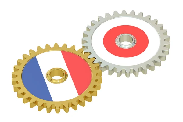 Bandeiras da França e do Japão em engrenagens, renderização 3D — Fotografia de Stock