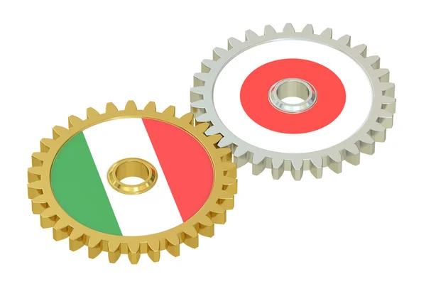 Italské a japonské vlajky na Ozubená kola, 3d vykreslování — Stock fotografie