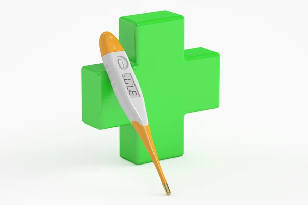 Medicinsk vård koncept, apotek kors och termometer. 3D vilke — Stockfoto