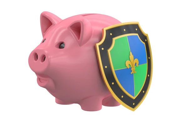 Porquinho banco com escudo, seguro financeiro e estabilidade de negócios — Fotografia de Stock
