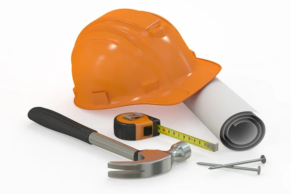 Construction concept. Hard hat with blueprint and tools, 3D rend — Stock Photo, Image