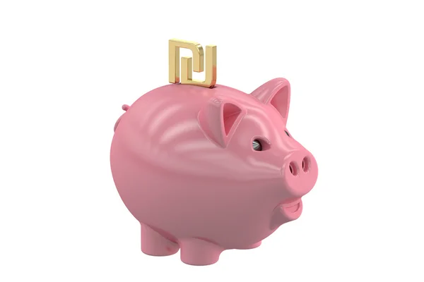 Banco porquinho com shekel símbolo, renderização 3D — Fotografia de Stock