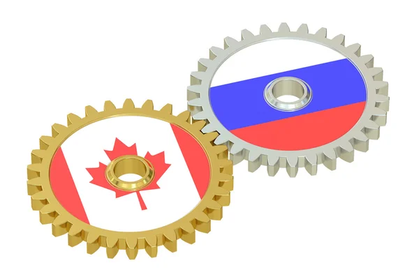 Canada en Rusland leeuwenvlaggetjes op een gears, 3D-rendering — Stockfoto